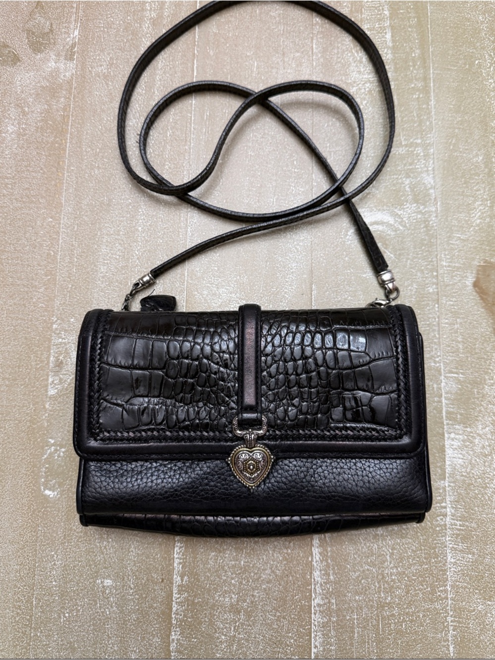 Brighton Crossbody Purse Black Croc-Embossed with Heart Charm